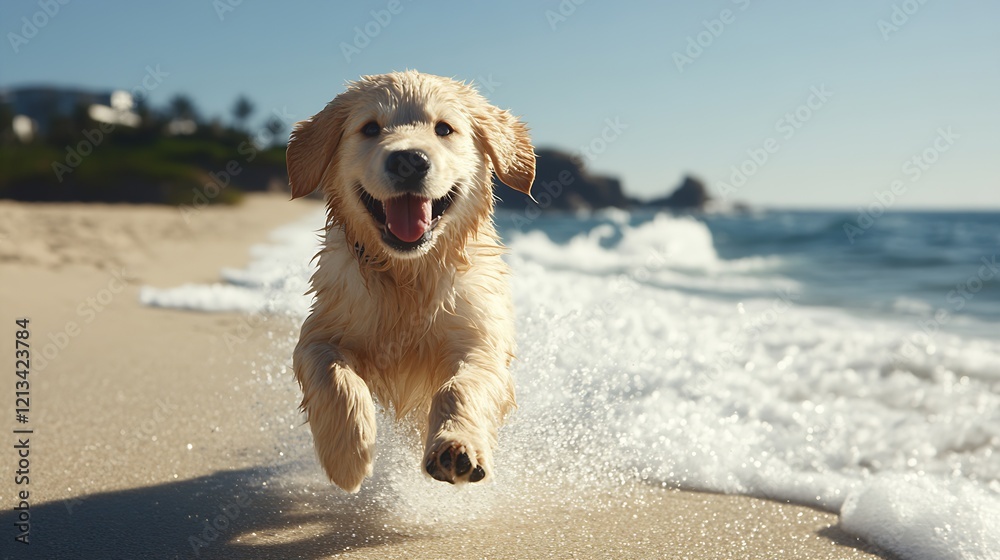 Playful Golden Retriever Puppy Joyfully Running on a Sandy Beach by the Ocean : Generative AI Playful Golden Retriever Puppy Joyfully Running on a Sandy Beach by the Ocean : Generative AI