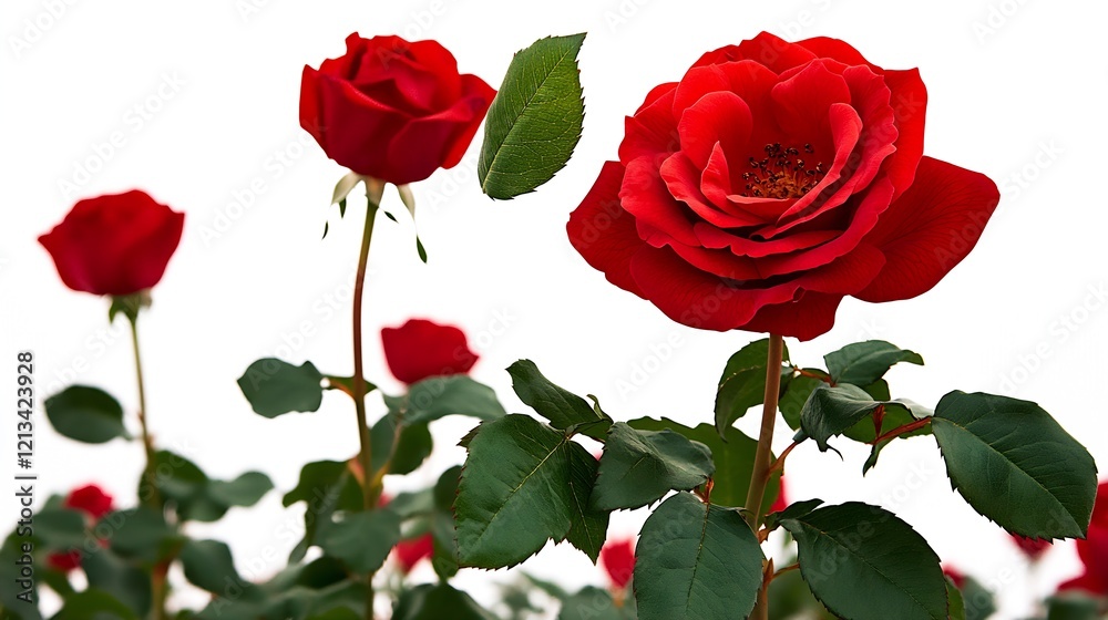 Vibrant red roses with lush green leaves on a white background : Generative AI Vibrant red roses with lush green leaves on a white background : Generative AI