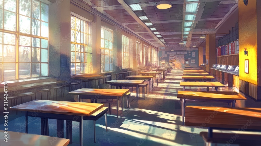 Sunlit School Cafeteria: A Peaceful Morning Sunlit School Cafeteria: A Peaceful Morning