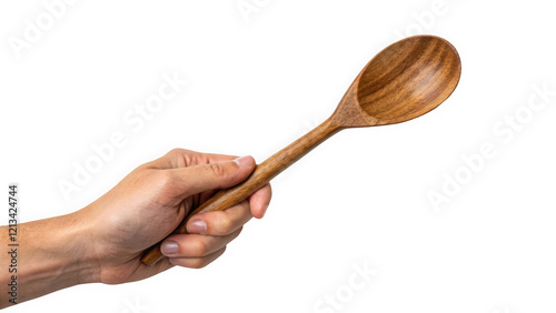 A close-up of a male hand holding a wooden spoon, showcasing its smooth texture and natural finish.