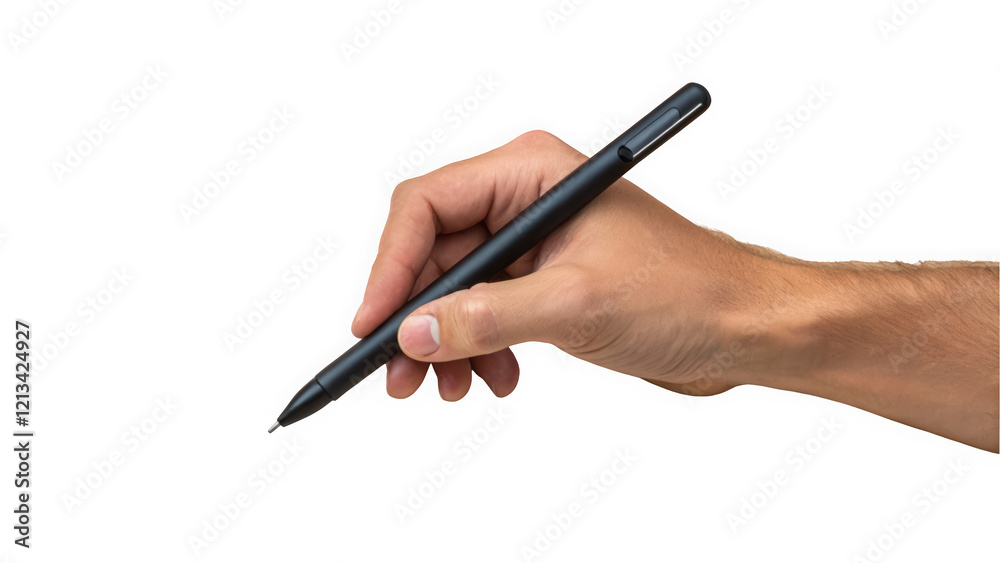 A close-up of a male hand holding a sleek black pen, ready to write on a blank surface. A close-up of a male hand holding a sleek black pen, ready to write on a blank surface.