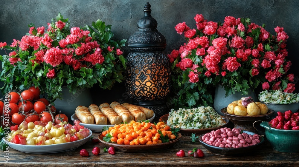 Fototapeta premium Festive Food Table, Middle Eastern Cuisine, Floral Decor, Rustic Setting, Holiday Meal