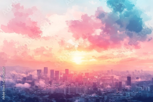 Wallpaper Mural Pastel sky with clouds and distant cityscape watercolor background for anime or manga, dreamy sunset hues. Torontodigital.ca