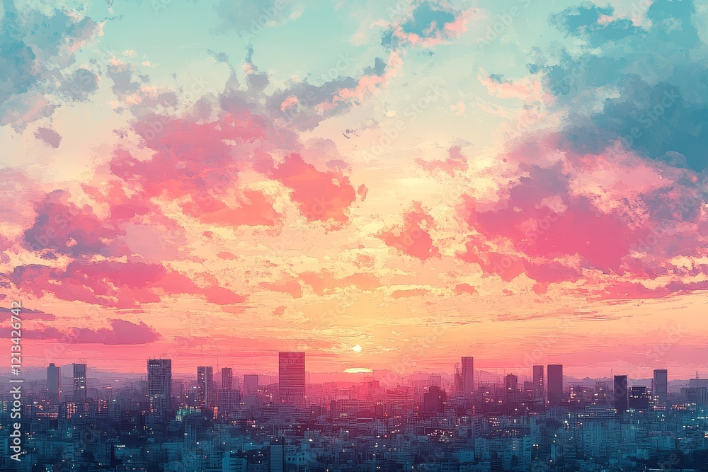 Obraz premium Pastel sky with clouds and distant cityscape watercolor background for anime or manga, dreamy sunset hues.