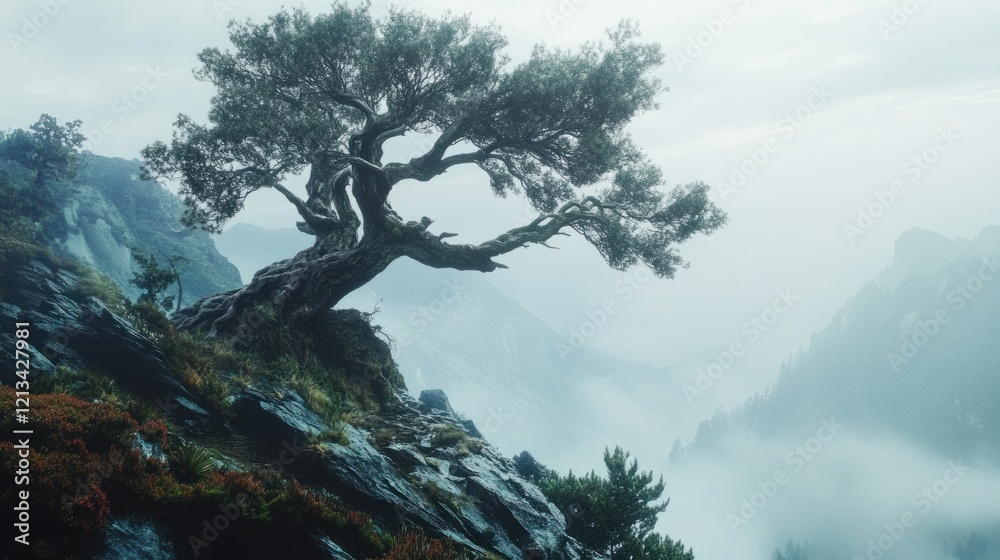 Ancient Tree on Mountaintop: A Misty Landscape Ancient Tree on Mountaintop: A Misty Landscape