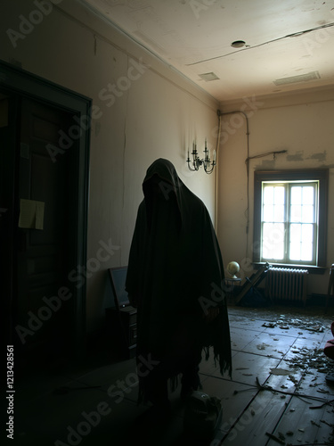 A ghostly figure walking through an old, creaky house photo