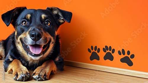 Playful Dog with Paw Prints on Orange Wall Ideal for Pet Brands and Enthusiasts : Generative AI photo