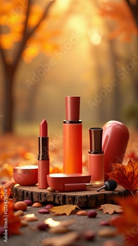 Autumnal makeup collection with lipsticks, nail polish, and blush, set against a backdrop of fallen leaves photo