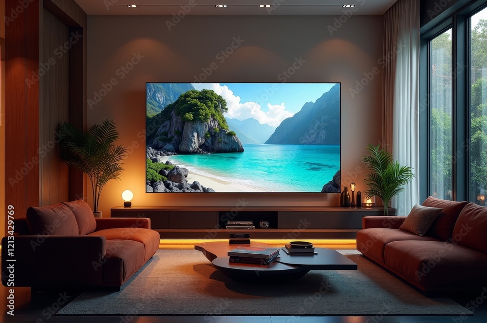 Fototapeta premium A living room with a large TV and a couch