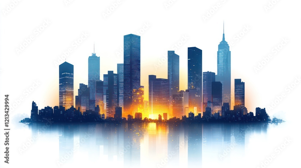 Obraz premium Cityscape silhouette at sunrise with reflection.