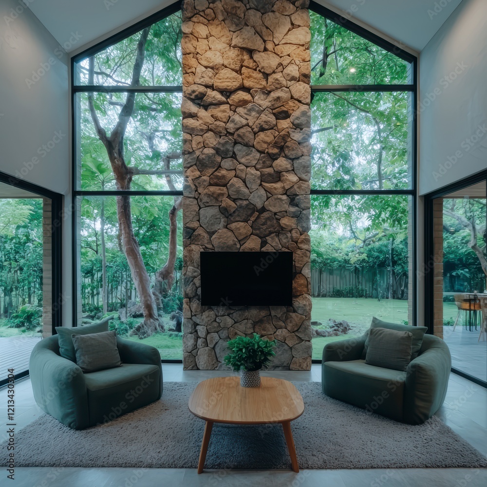 Fototapeta premium Modern Living Room Stone Fireplace Green Armchairs Large Windows Garden View