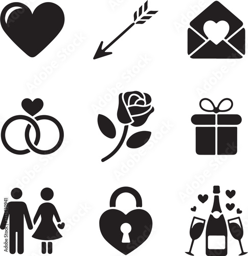 A set of collections for Valentine's Day flat vector silhouette icons theme with isolated white background, set of icons for valentines day