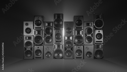 acoustic systems on a gray background in fog