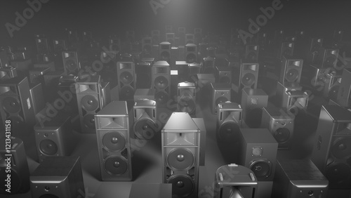 acoustic systems on a gray background in fog