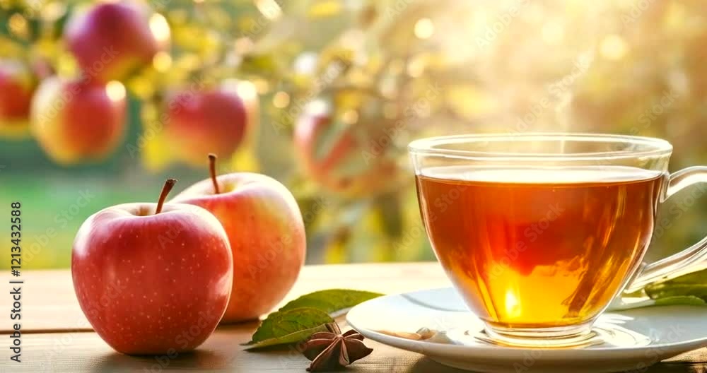 Warm cup of tea beside fresh apples in a sunlit orchard