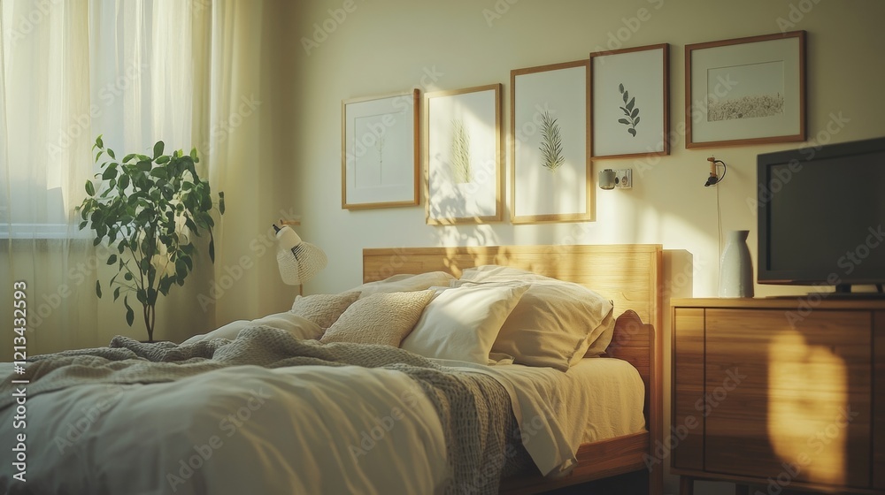 55.A cozy and spacious bedroom features a wooden bed with inviting pillows and a blanket, placed by a wall with empty frames awaiting artwork. The room exudes tranquility, with soft natural light 55.A cozy and spacious bedroom features a wooden bed with inviting pillows and a blanket, placed by a wall with empty frames awaiting artwork. The room exudes tranquility, with soft natural light
