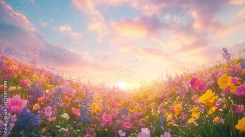 Stunning landscape of a vibrant wildflower meadow bathed in the warm glow of a magical sunset  The field is filled with a lush colorful array of blooming flowers against a dreamy hazy sky with soft