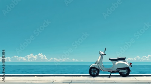 White scooter parked by the sea on sunny day.