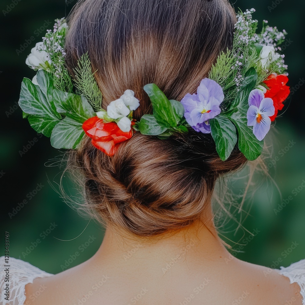 Naklejka premium Woman s Hair Adorned with Floral Crown Close up