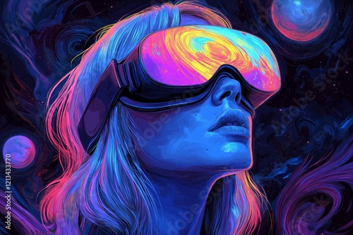 A surreal portrait of a woman in a VR headset with vibrant neon colors and swirling cosmic patterns