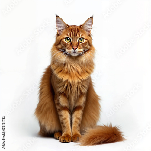 Majestic Somali Cat with Striking Green Eyes on White Background photo