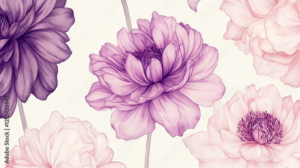 Fototapeta premium 3.A soft and sophisticated seamless pattern of hand-drawn pink and purple flowers on a light background. The flowers are delicately illustrated with fine details, each petal and leaf carefully