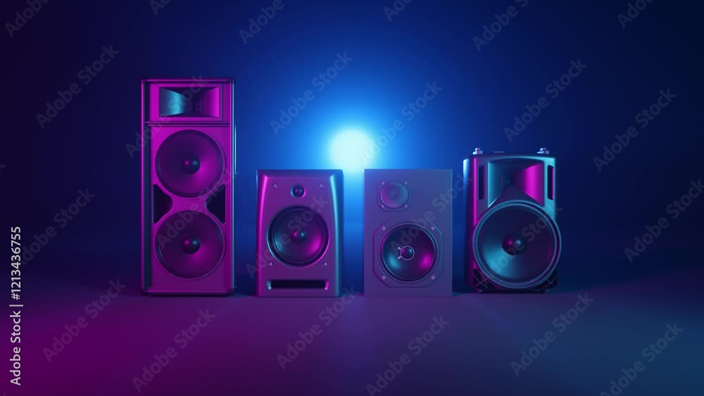 acoustic systems in ultraviolet light in fog, 3d animation