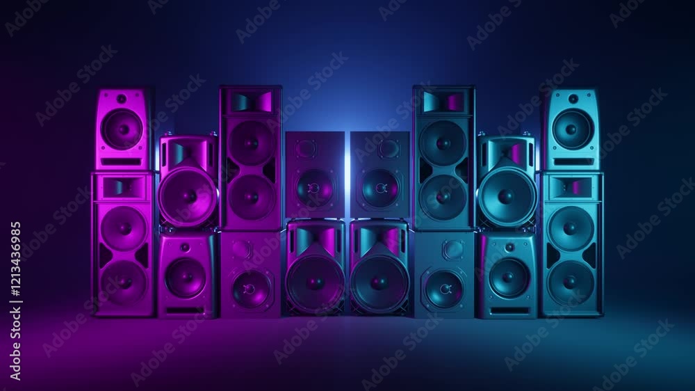 acoustic systems in ultraviolet light in fog, 3d animation