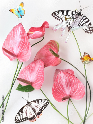 Anthuriums roses et papillons 1