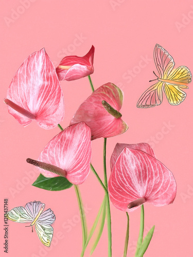 Anthuriums roses et papillons 3