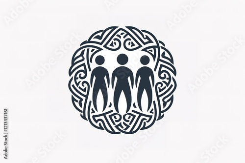 Three figures encircled by an ornate design. photo