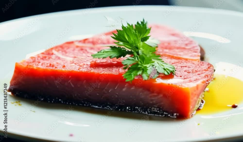 A beautifully presented slice of fresh salmon on a white plate garnished with green herbs A beautifully presented slice of fresh salmon on a white plate garnished with green herbs