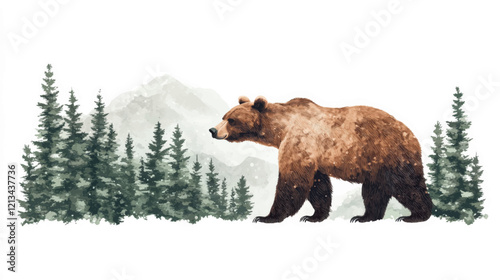 Watercolor Illustration of a Grizzly Bear Walking in a Snowy Forest with Pine Trees and Mountain Background