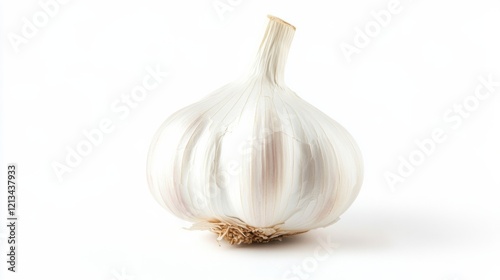 A single, whole garlic bulb with its papery white skin and tightly packed cloves, Each garlic’s vibrant color and subtle imperfections captured with precision