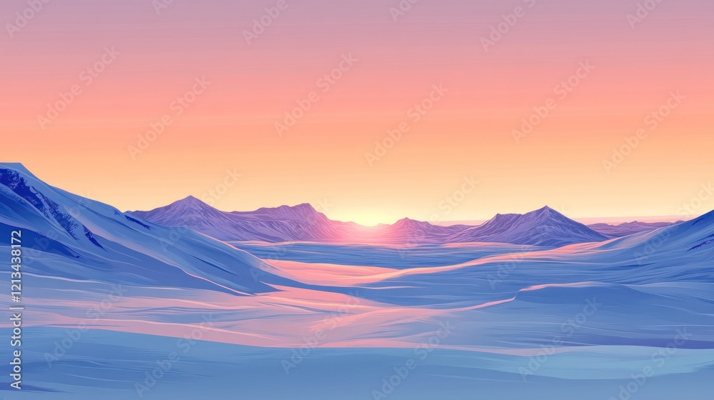 Fototapeta premium Pink and blue sunset over snow-covered mountains.