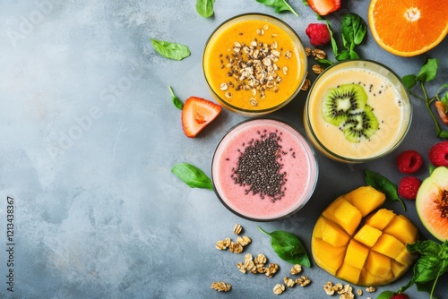 A vibrant visual of a dairy-free smoothie, featuring plant-based milk, fruits photo