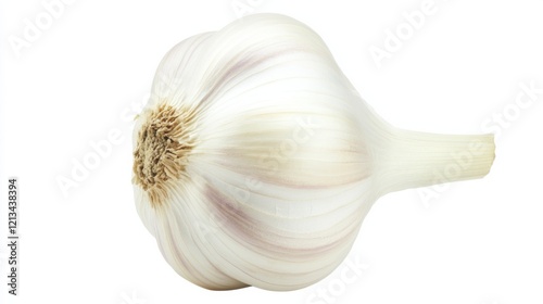 A single, whole garlic bulb with its papery white skin and tightly packed cloves, Each garlic’s vibrant color and subtle imperfections captured with precision photo