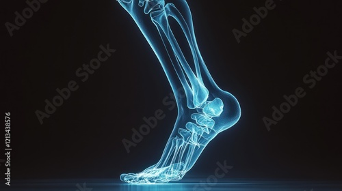 Glowing blue human ankle and foot bones on black background.