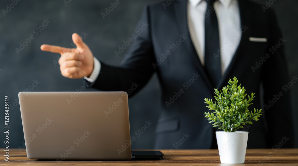 A business professional in a suit gestures towards a laptop on a wooden desk, with a small potted plant nearby against a dark background. A business professional in a suit gestures towards a laptop on a wooden desk, with a small potted plant nearby against a dark background.