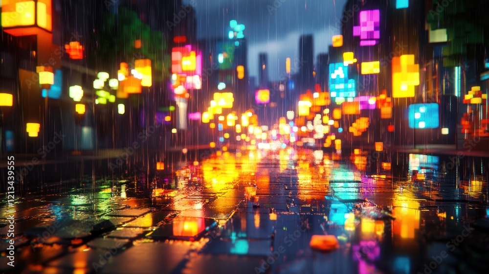 Obraz premium Captivating nighttime cityscape with a vibrant colorful display of lights reflections and motion against a rainy urban backdrop A dynamic