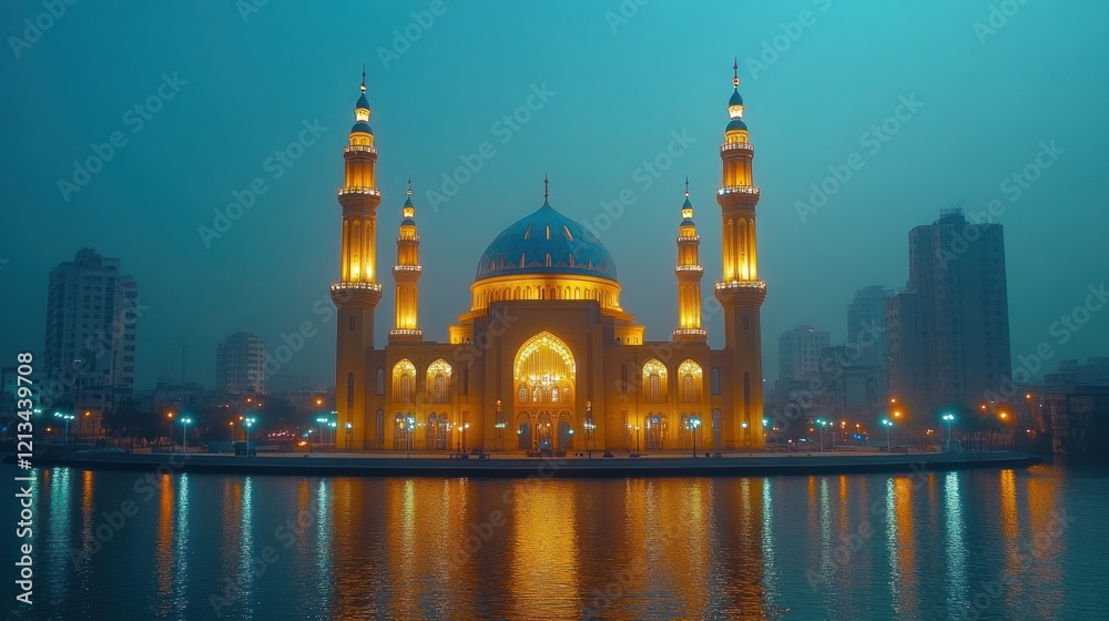 Fototapeta premium Illuminated Mosque, Night, Cityscape, Reflection, Water