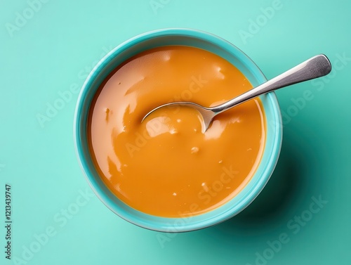 A symmetrical bowl of soup with one spoon scooping out, creating asymmetry and enhancing the flavor profile. photo