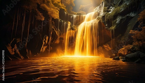 waterfall cascading into a pool of golden light.-  photo