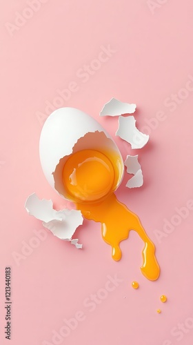 A cracked egg revealing a lopsided yolk splattering, disrupting the perfect balance of nature, against a pristine backdrop.