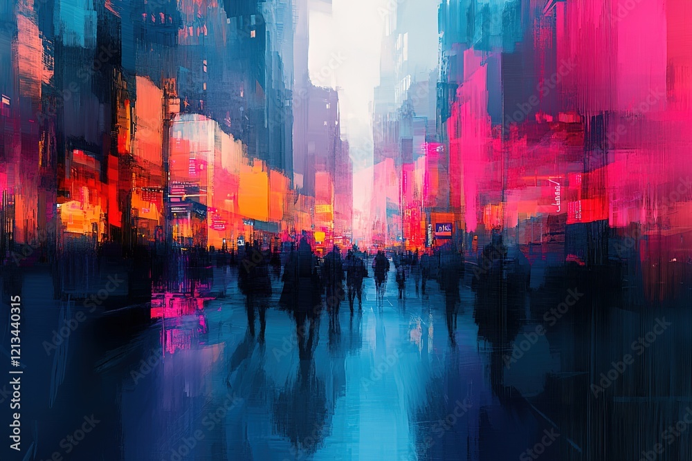 Obraz premium Vibrant city street at night, bustling with people.