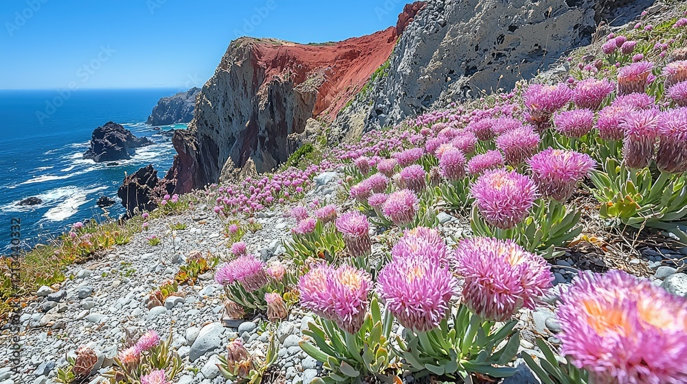 Coastal Cliffs Blooming With Purple Flowers Ocean View Coastal Cliffs Blooming With Purple Flowers Ocean View