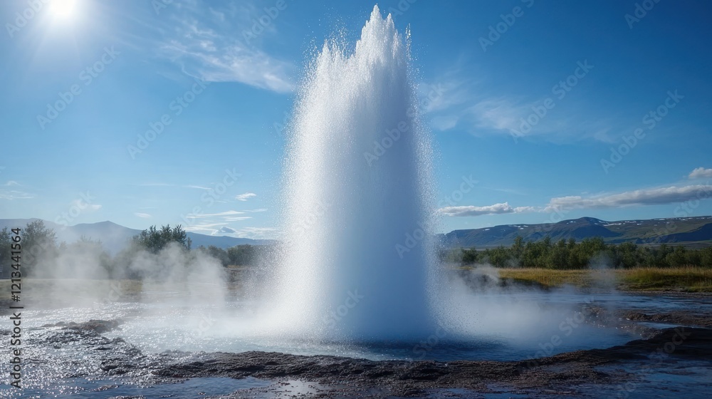 Geothermal geyser erupting, hot water, steam, sunny day.