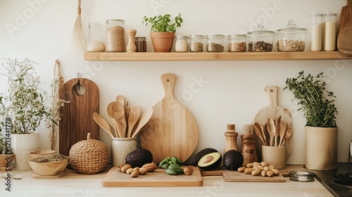 Wallpaper Mural Wooden kitchenware and ingredients on shelves and countertop. Torontodigital.ca