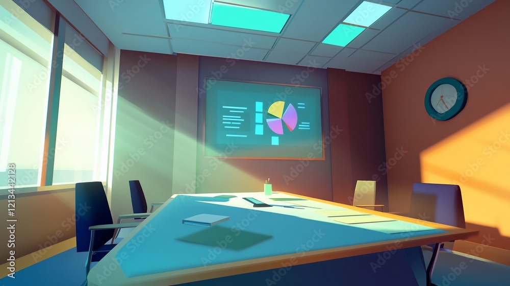 A brightly lit conference room with a large screen showing a pie chart data visualization A brightly lit conference room with a large screen showing a pie chart data visualization