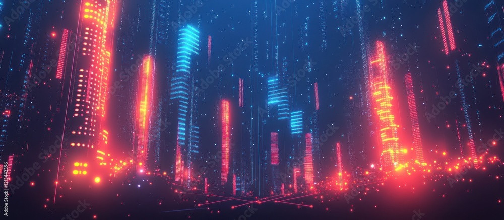 Naklejka premium Futuristic city skyline at night with glowing skyscrapers and digital rain.